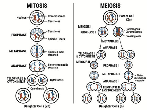Mitosis and meiosis cell division stages diagram