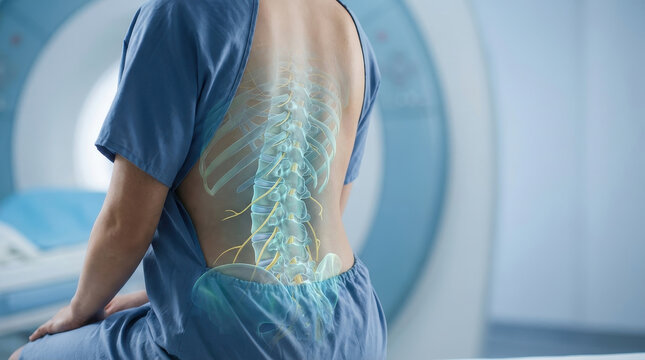 Spine health concept showing human back with highlighted spine and nerves in medical examination room for diagnosis and treatment of spinal conditions and pain relief