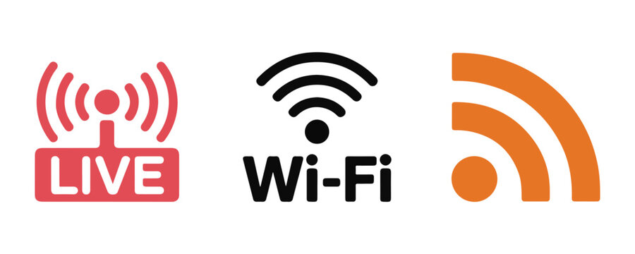 Collection of icons for live broadcast wifi and rss feed in red black and orange vector design style.