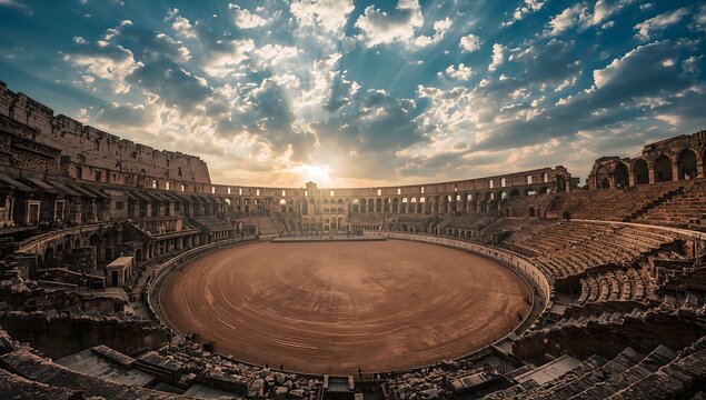Majestic ancient colosseum arena under a sunset sky with sun rays