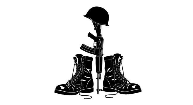 Military fallen soldier memorial icon with helmet rifle and combat boots.