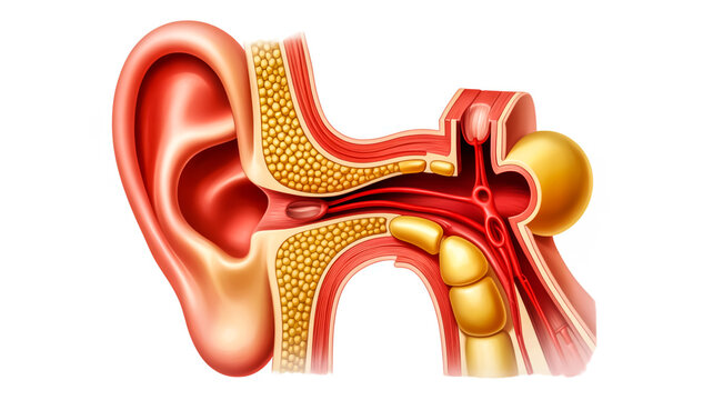 Anatomical illustration of a human ear with detailed internal structures