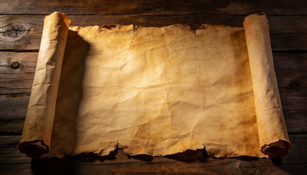 Aged parchment scroll with torn edges resting on rustic wooden planks, evoking history and mystery
