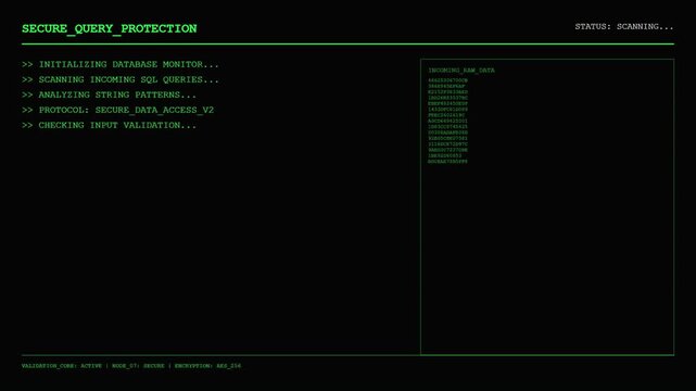 Futuristic Secure Query Protection HUD with Green Digital SQL Database Monitoring Interface and Red Digital Security Violation Critical Hacking Alarm Monitoring Screen.