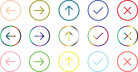 Collection of colorful checkmark and arrow icons inside circles isolated on white background for ui design © Maruf