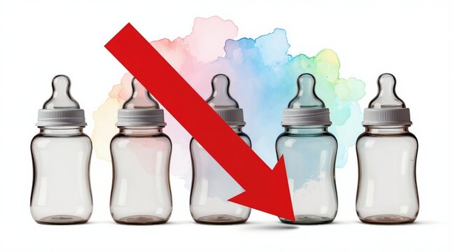 Baby bottles form a line with a red arrow pointing down, symbolizing declining birth rates and societal concerns about population growth and future family planning.