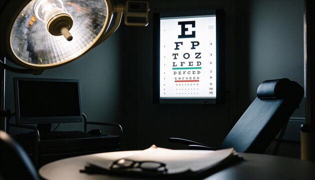Ophthalmology exam room with eye chart and examination chair under bright surgical light