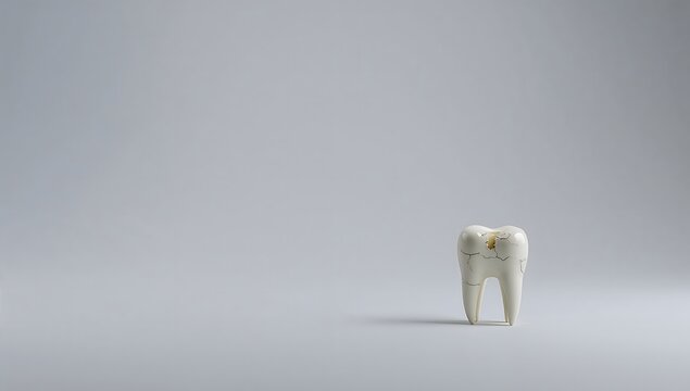 Damaged molar tooth with cracks and decay on gray studio background