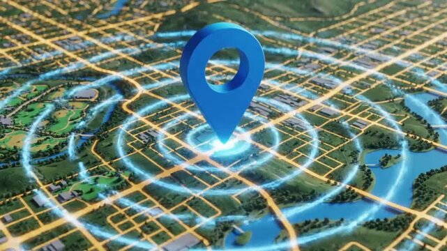 Digital map with location pin and glowing circle representing smart infrastructure and connectivity