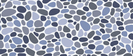 Obraz premium Blue grey pebble stone seamless pattern. Repeated smooth cobblestone background. Gray stone sidewalk paved texture. Sea or river beach rock repeating wallpaper. Vector landscaping pavement backdrop