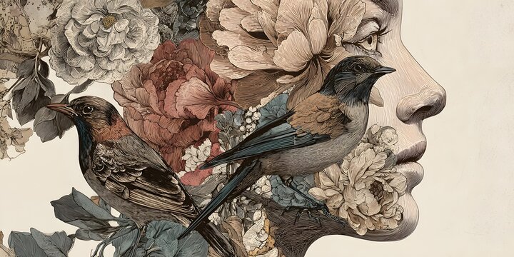 花と鳥に彩られた女性横顔の幻想アート