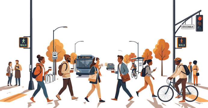 Urban crosswalk vector illustration with pedestrians cyclists and public transport in modern city street lifestyle scene