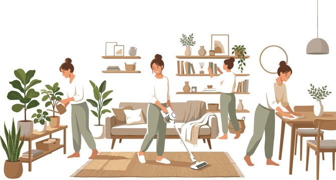 Woman cleaning modern living room vector illustration with houseplants vacuuming and home organization lifestyle routine