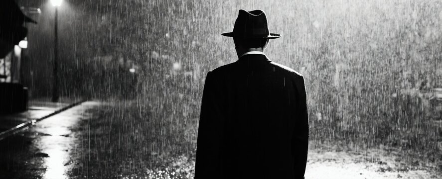 Man in fedora hat walks alone on wet city street at night during heavy rain. Back view of guy in trench coat on dark empty road. Film noir mystery mood.