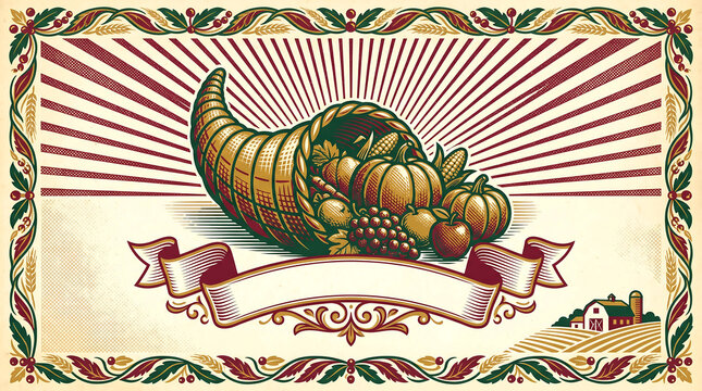 Vintage cornucopia with fruits and vegetables on decorative background