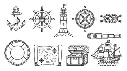 Obraz premium Nautical icons set with anchor, lighthouse, compass, and ship