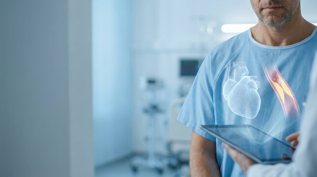 Cholesterol risk concept with doctor showing artery blockage and heart health on digital tablet to patient in hospital room for medical consultation and cardiovascular disease prevention
