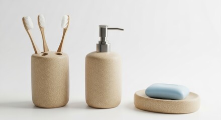 Naklejka premium Bathroom accessories set with toothbrush holder, soap dispenser and soap dish isolated on white background