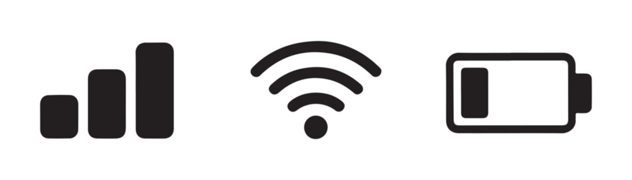 Black icons for signal strength, wifi connection and battery level on transparent background.
