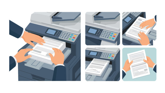 Close-up of hands using a photocopier to duplicate documents, showing the process step-by-step.