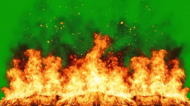 Explosion of fire and smoke on a green screen background