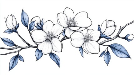 Obraz premium Elegant black and white floral sketch featuring blooming flowers and leaves with subtle blue shading on the leaves and stems.