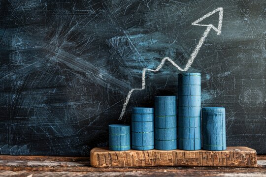 Blue wooden cylinder bar graph with chalk upward arrow on blackboard background in sharp focus for financial growth marketing
