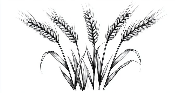 Black and white sketch illustrating five wheat stalks with detailed heads and long leaves.