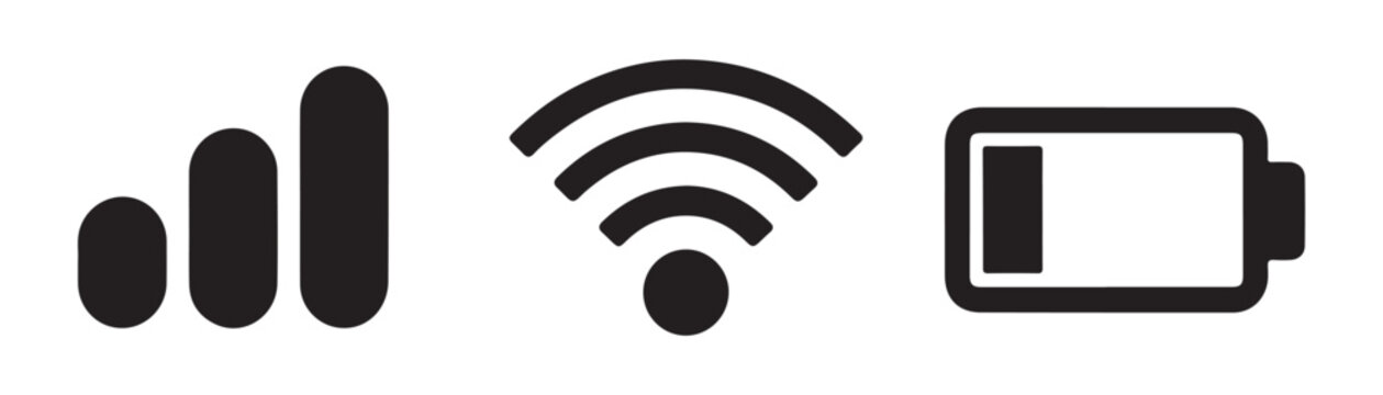 Mobile phone status bar icons with signal strength wifi connectivity and battery level black vector.