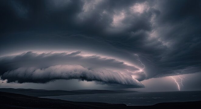 Dramatic supercell storm with lightning over the dark ocean