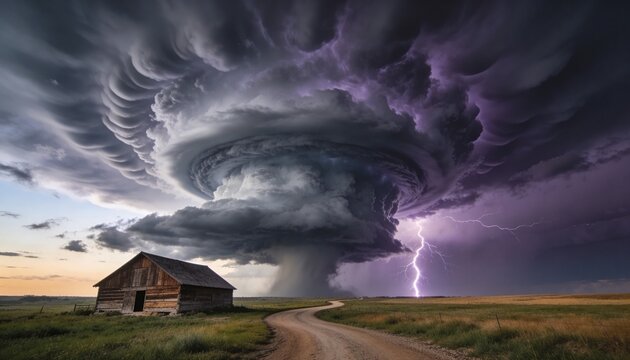 Massive supercell thunderstorm with a funnel cloud and lightning strikes over a rural landscape with an old barn