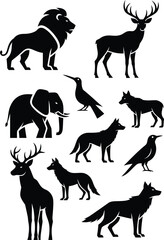 Obraz premium Black Silhouettes of Lion, Deer, Elephant and Wolf, Bird on White Background