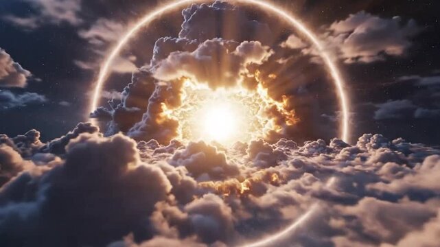 Cosmic light burst through clouds emphasizing modern aesthetics and minimalist design