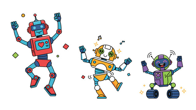 Three cheerful cartoon robots dancing and celebrating with confetti and sparkles.
