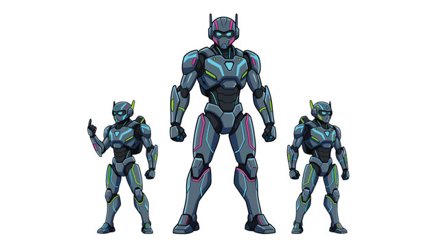 Three futuristic robots standing together, one large and two smaller, with glowing accents.