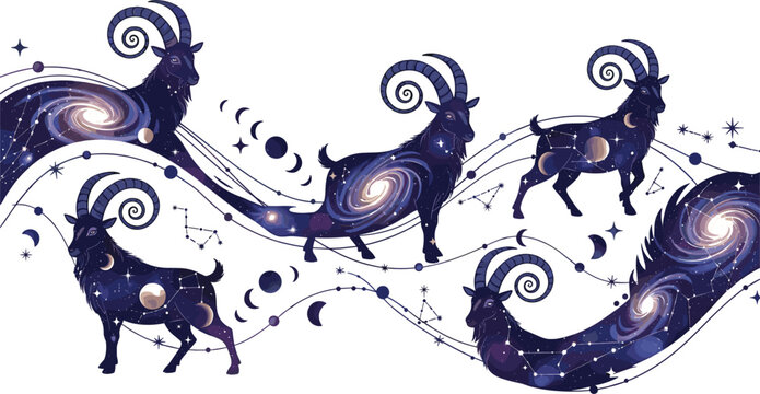 Celestial Capricorn banner vector illustration featuring cosmic space galaxies and constellation stars for mystical astrology and occult brand design