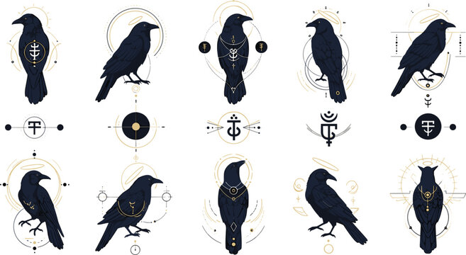 Celestial raven icon set with dark crows and geometric alchemical symbols isolated on white for mystical occult brand logo design