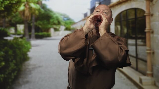 Man monk in brown habit shows cross necklace and cups his hand to mouth shouting on street beside stone building; urgency warning.