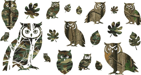 Creative owl and leaf silhouettes with woodland camouflage patterns for hunting apparel, outdoor branding, and nature-themed graphic design. © AntarChandra