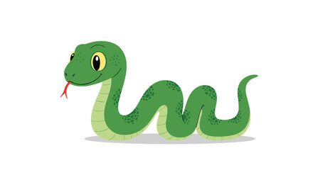 Naklejka premium Friendly and cute green cartoon snake with large yellow eyes and a red tongue flickering out on white background.