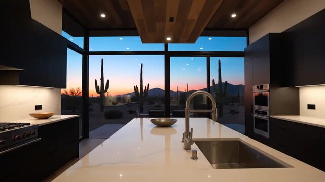 Modern kitchen with desert view perfect for scenic backgrounds and natural storytelling