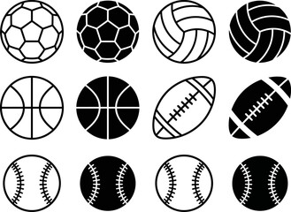 Obraz premium Sports balls collection soccer basketball volleyball football baseball vector icons with round objects