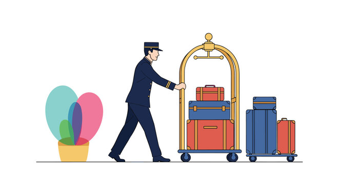 Professional hotel bellhop in uniform pushing a brass luggage cart filled with various colorful travel suitcases.