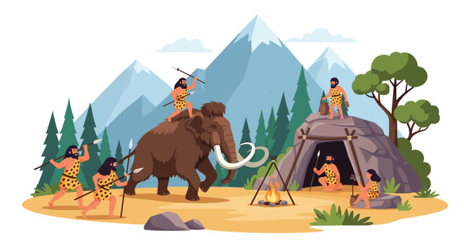 Group of prehistoric cavemen hunting a large woolly mammoth with spears near their cave home and a warm campfire.
