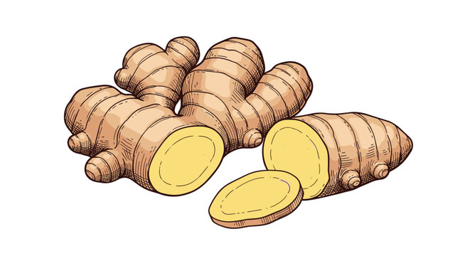 Detailed hand drawn illustration of fresh ginger root and slices showing textured skin and yellow interior on white.
