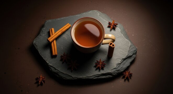 Cup of tea with cinnamon sticks and star anise on a stone plate