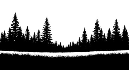 Black Silhouette of Pine Forest and Grassy Field on White Background © siti