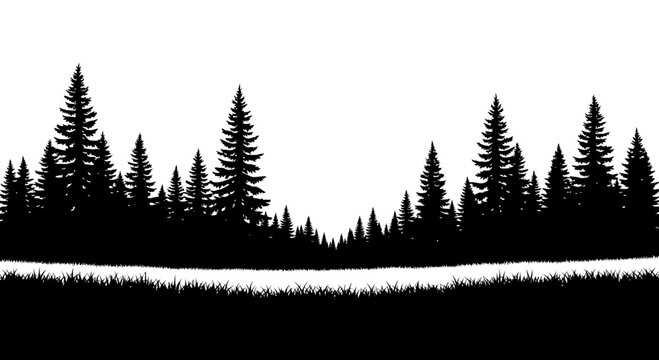Black Silhouette of Pine Forest and Grassy Field on White Background
