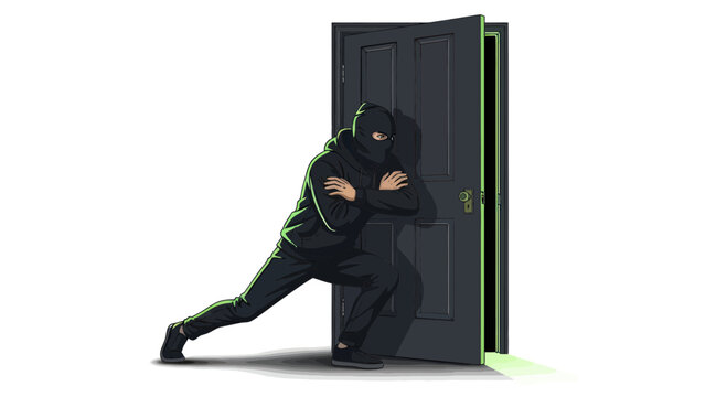 Burglar in ski mask breaking into house through open door, stealthy entry