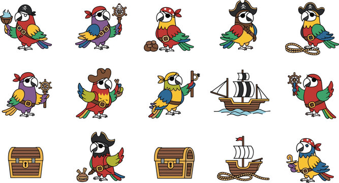 Cute pirate parrot character set with nautical ship and treasure chest icons for kids adventure branding and parties
